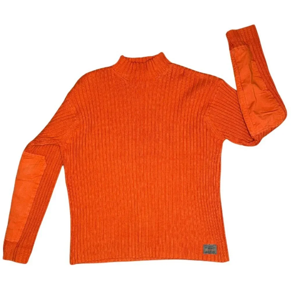 American Eagle Gorpcore Ribbed Mock Neck Sweater Orange Canvas Elbow Patch XL